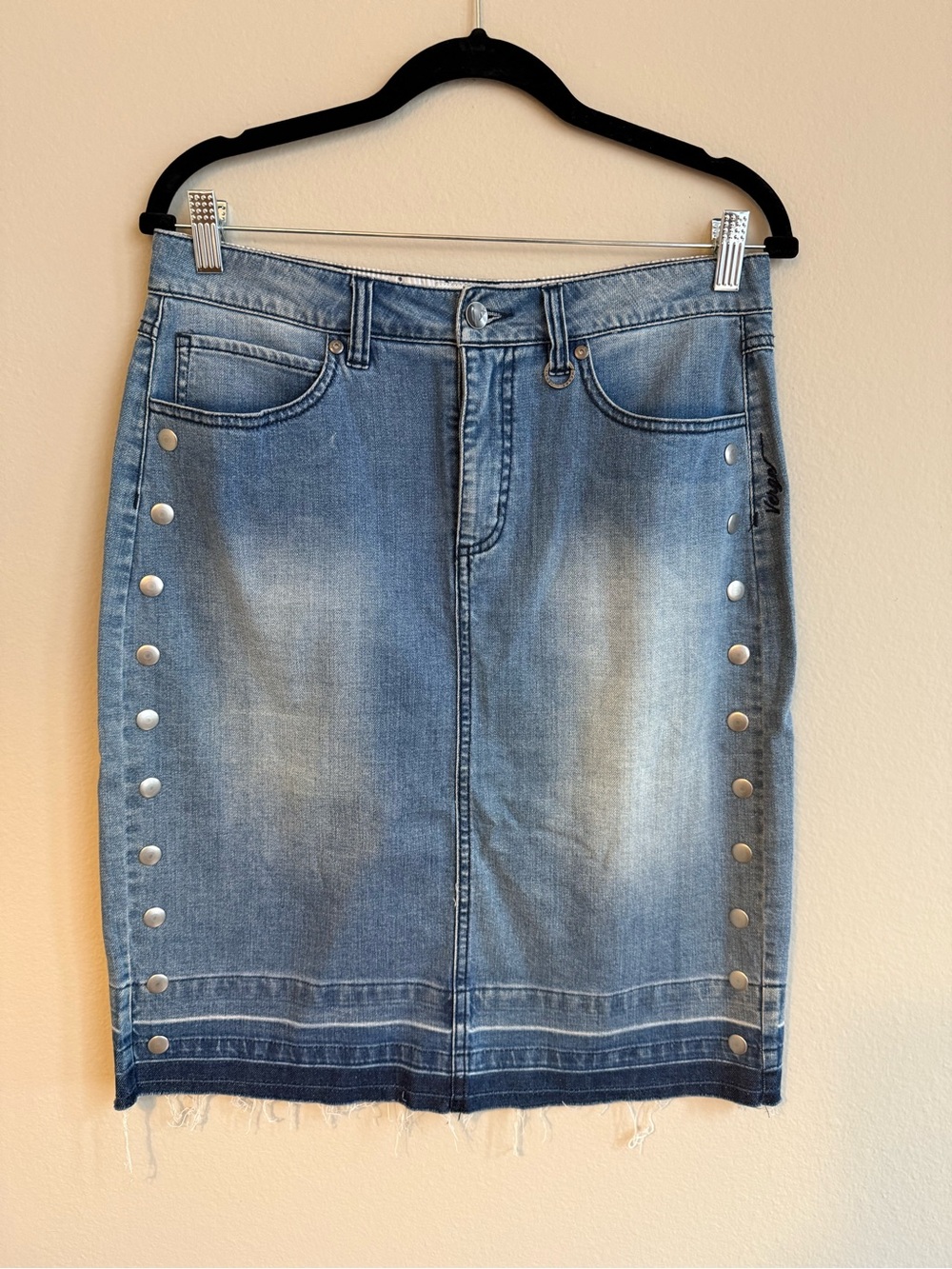 Verge (NZ Brand) Light Blue Denim Pencil Skirt with Stud Trim